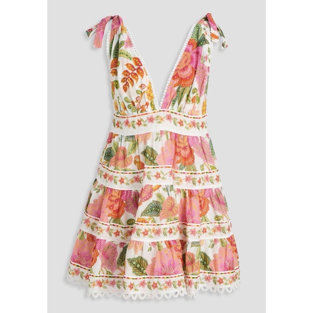 Farm Rio Macaw Bloom Tie Shoulder Mini Dress Large Ruffle Botanical Floral Zip - Picture 5 of 16